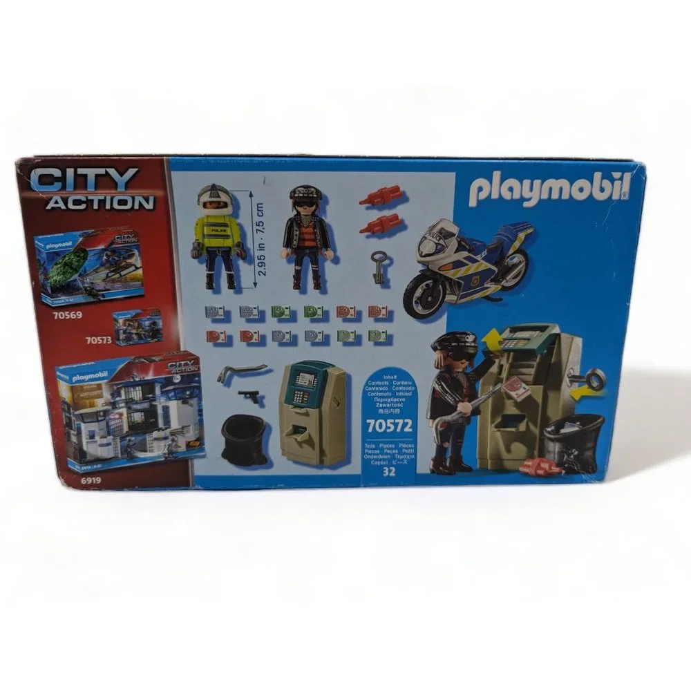 Playmobil City Action Bank Robber Chase Building Set 70572 Motorcycle ATM 32 Pcs